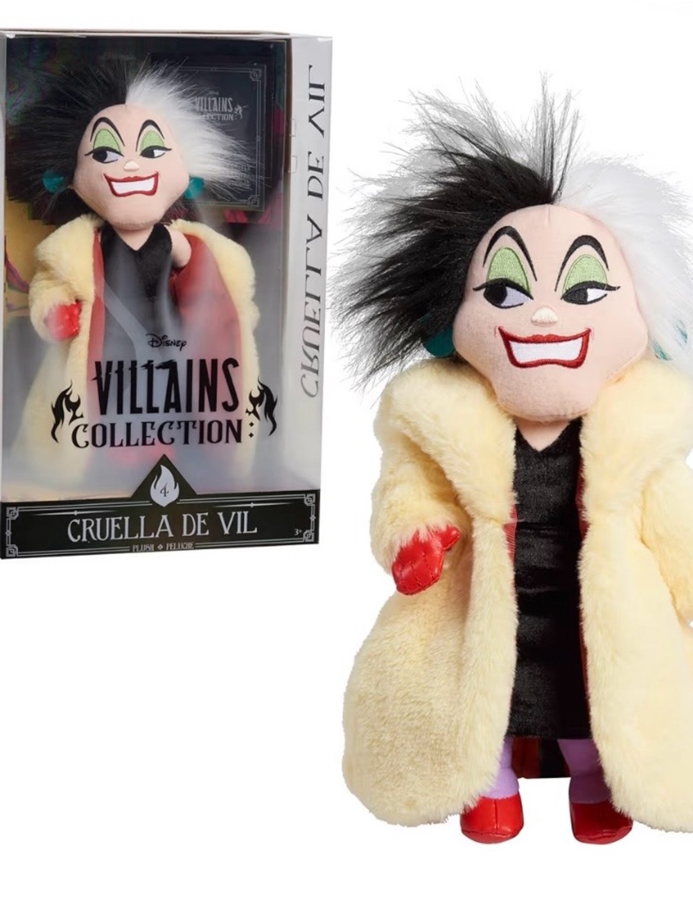 Disney Villains Collection Cruella de Vil Plush - Cream Coat, Black & White Hair